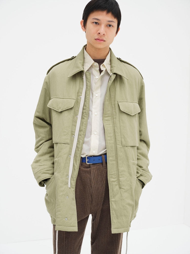 BRUSHED SILK LINEN SATIN PADDED MILITARY BLOUSON
