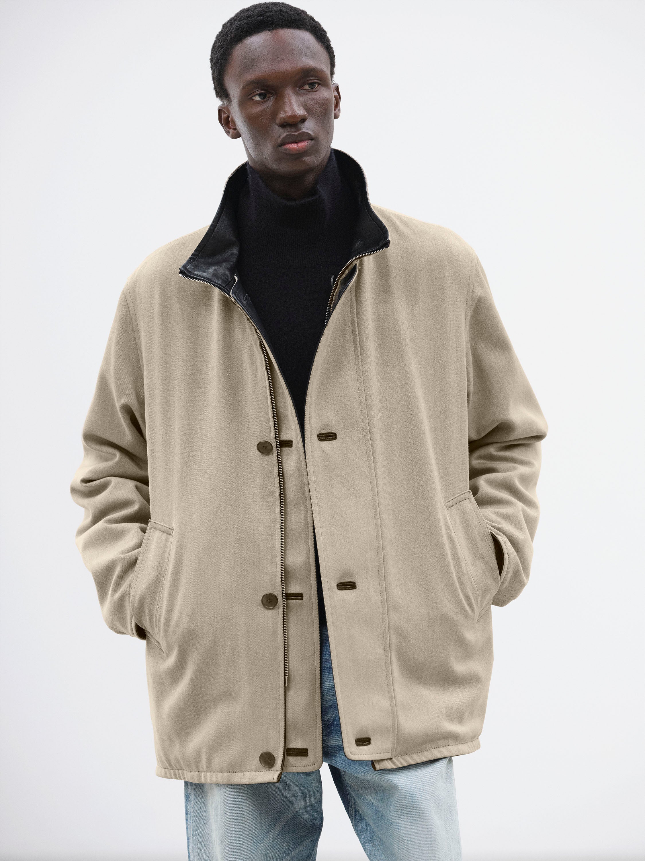 REVERSIBLE WOOL TWISTED TWILL / SHEEP LEATHER HALF COAT