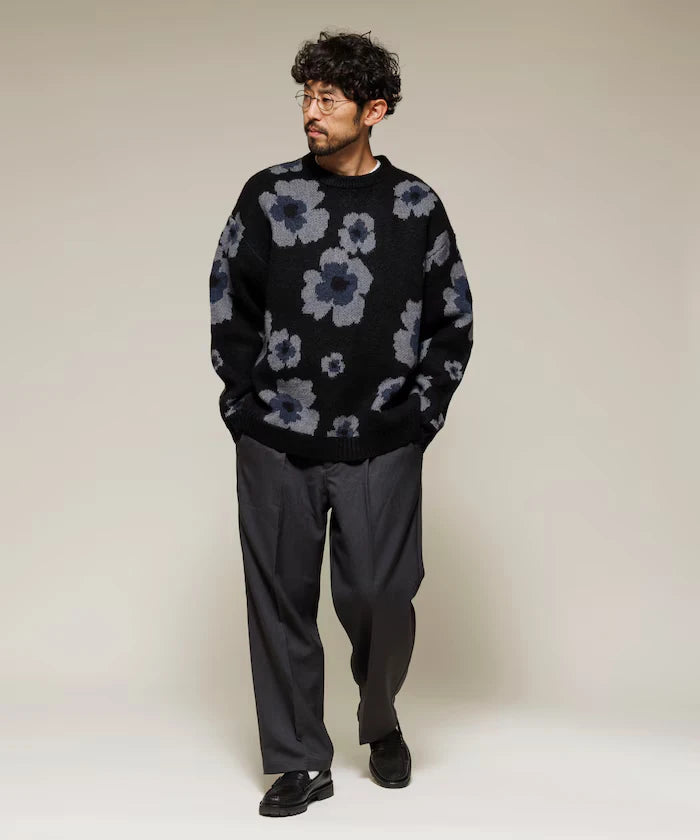 All-over Pattern Double Jacquard Knit Crew Neck Pullover / Relaxed Fit
