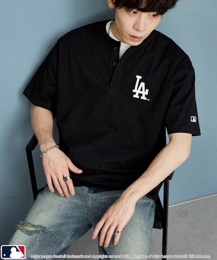 Limited Edition MLB Logo Print Henley Neck Oversized T-Shirt