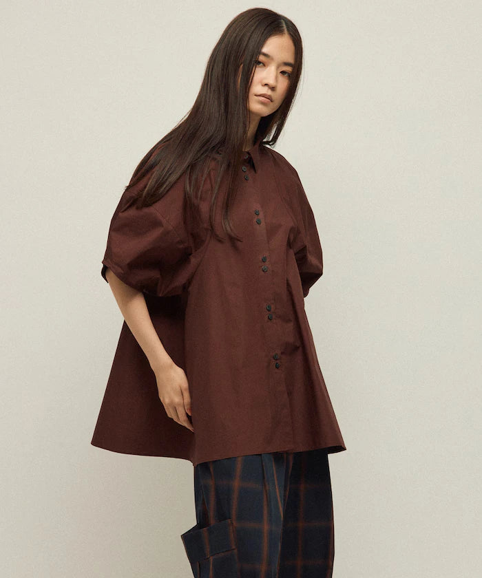Switching Design Balloon Sleeve Shirt / 5-Minute Sleeve Blouse