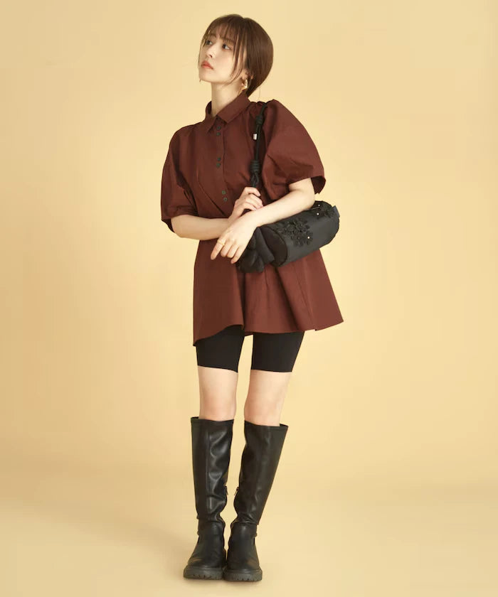 Switching Design Balloon Sleeve Shirt / 5-Minute Sleeve Blouse