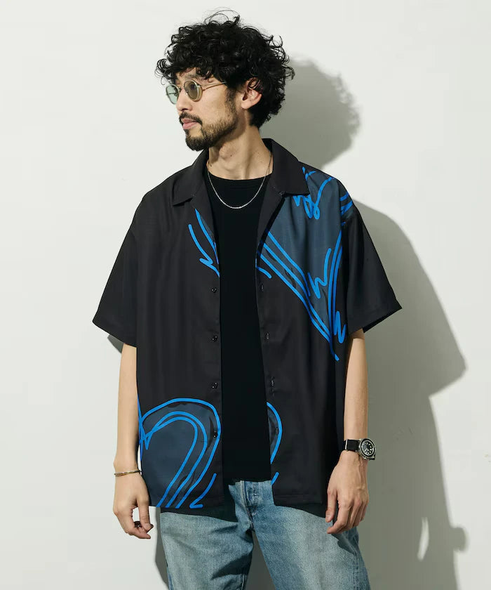 Open Collar Big Pattern Short Sleeve Shirt / Big Silhouette