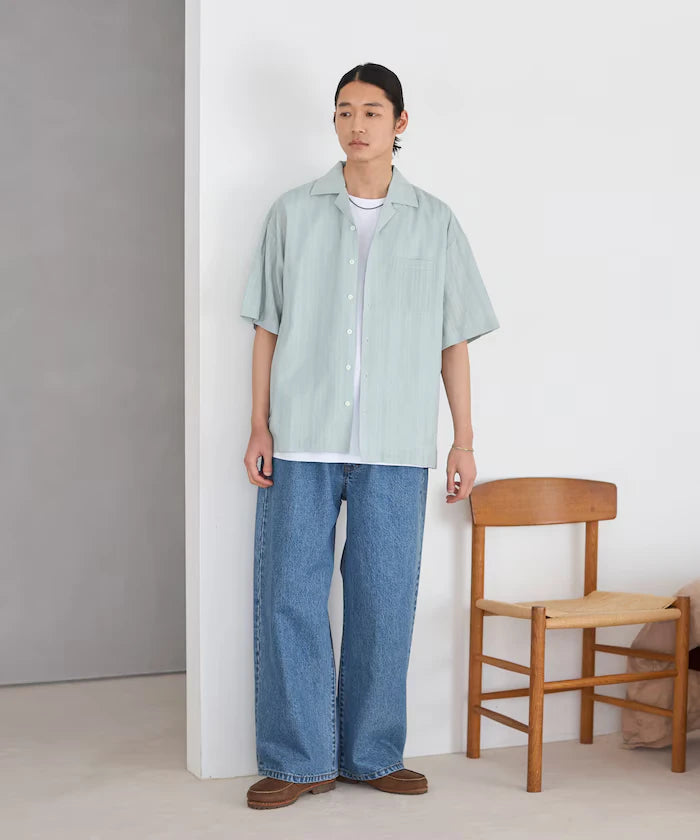 Jacquard Relaxed Fit Open Collar Short Sleeve Shirt Semi-Sheer Dobby Weave