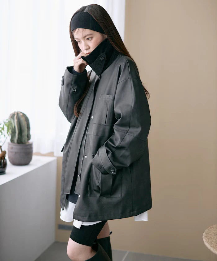 Oversized Crush Leatherette Jacket / Collar Corduroy