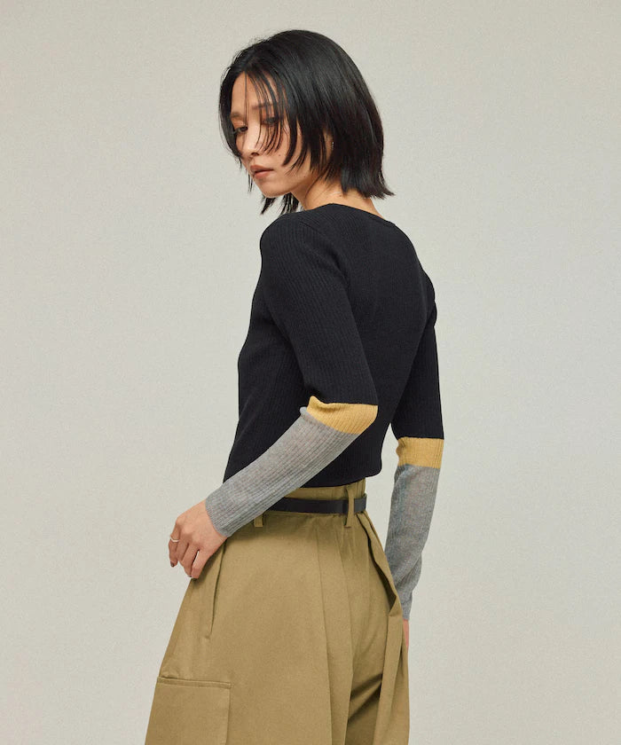 Functional material silk blend color block knit pullover / anti-pill / machine washable