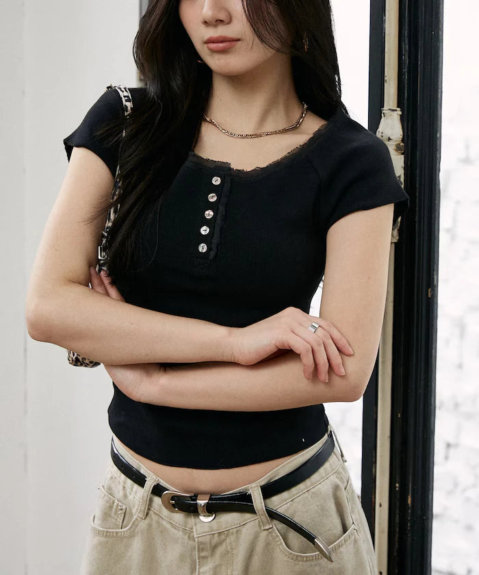 Collar Lace Contrast Henry Rib T-Shirt