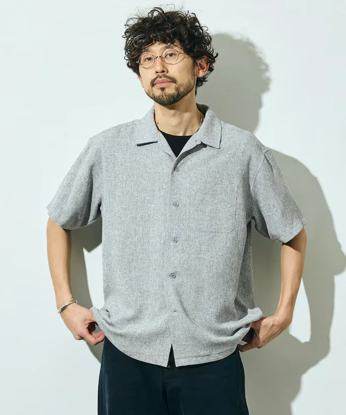 Dry Touch Summer Tweed Short Sleeve Open Collar Shirt