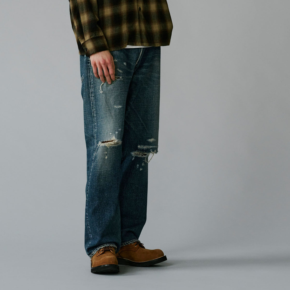 Recycled Waste Suvin Cotton Yarn 14oz. Denim 5Pocket Straight Pants Vintage Washed (Zipper Fly)