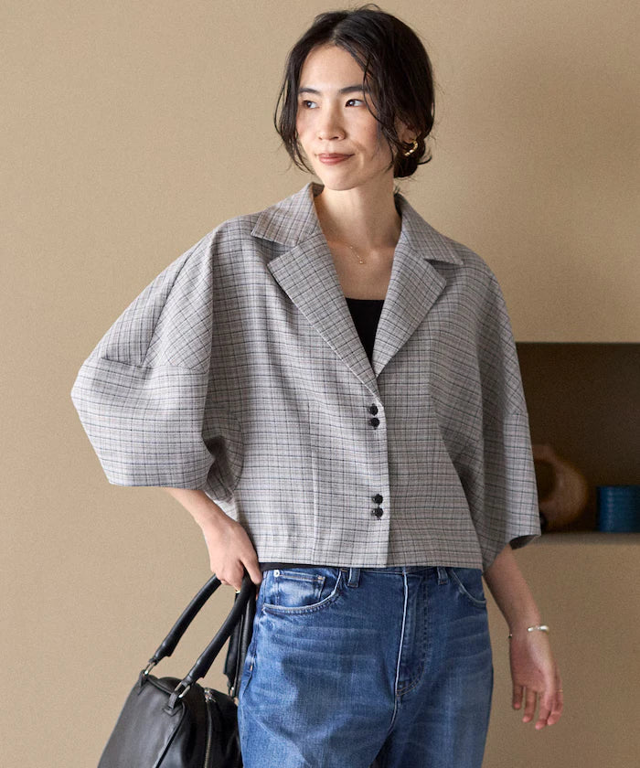 Collar Check Balloon Sleeve Shirt / Compatible with Setup