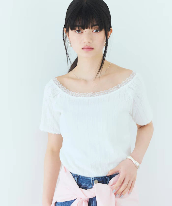 Boat Neck Pullover Knit Lace T-Shirt