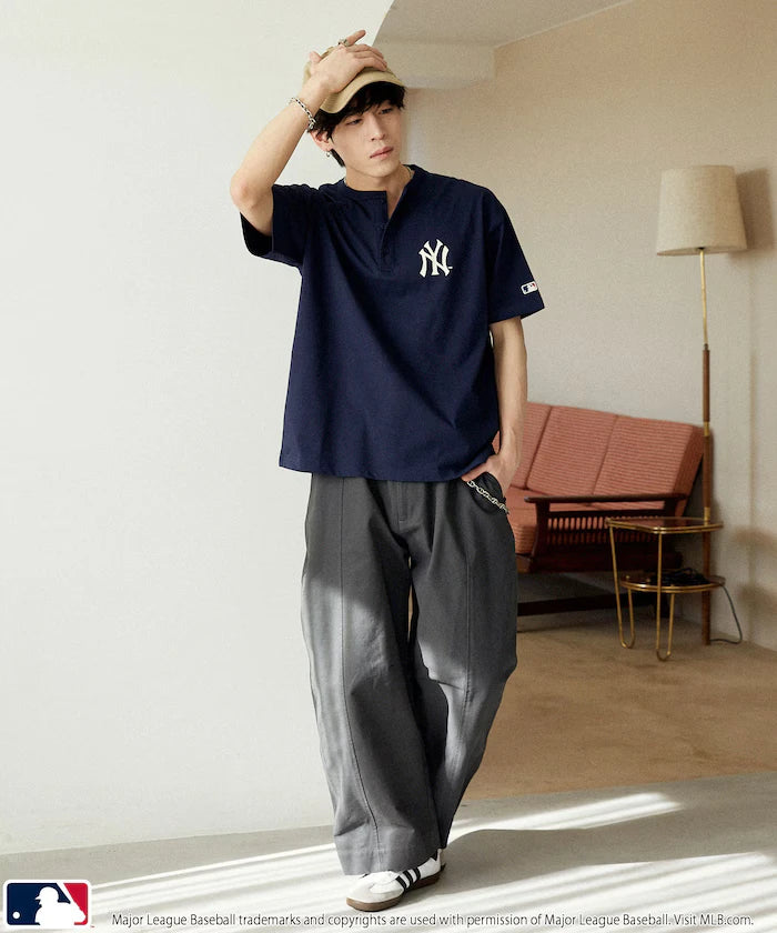 Limited Edition MLB Logo Print Henley Neck Oversized T-Shirt