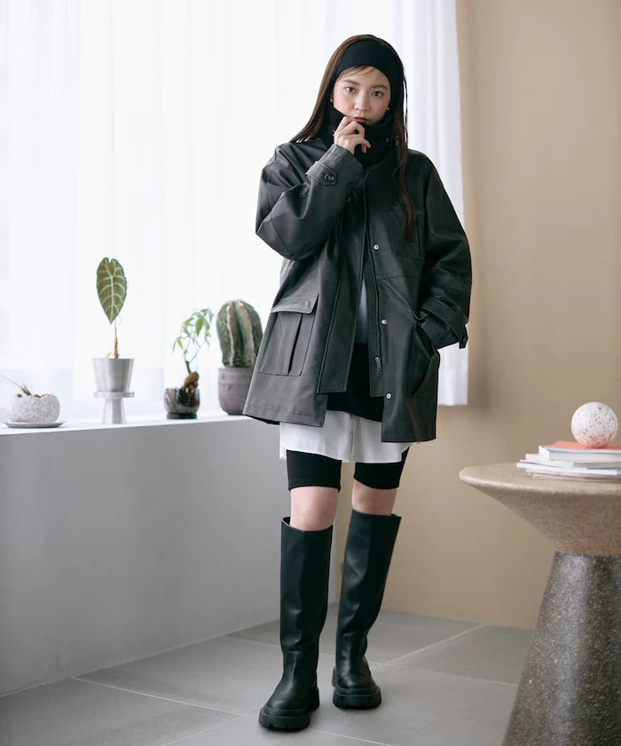 Oversized Crush Leatherette Jacket / Collar Corduroy