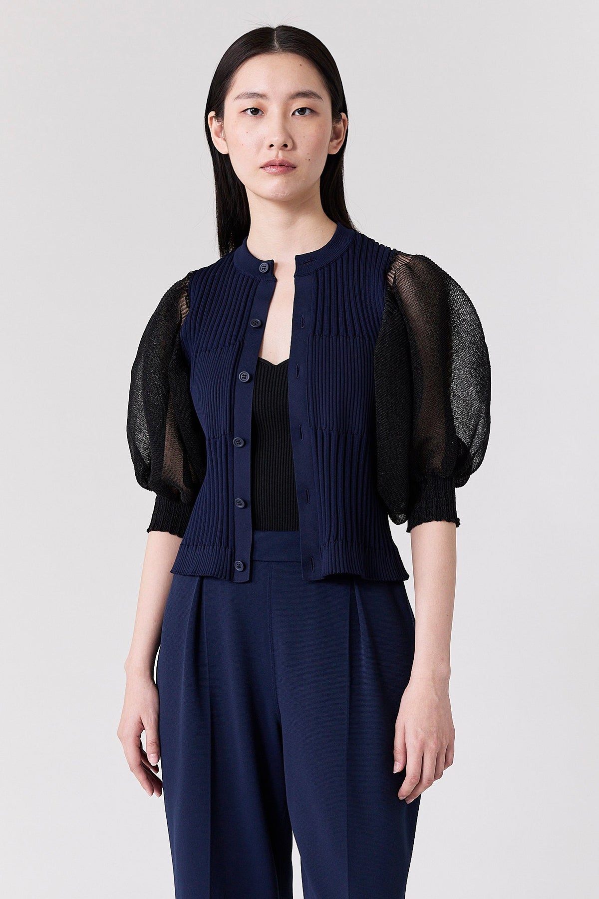 FLUTED LUCENT PUFF SLEEVE CARDIGAN