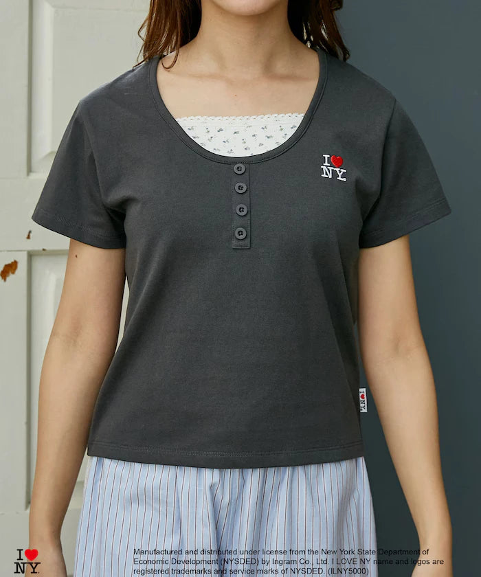 I LOVE NY Floral Pattern Layered Style Henley Neck T-Shirt Limited Edition