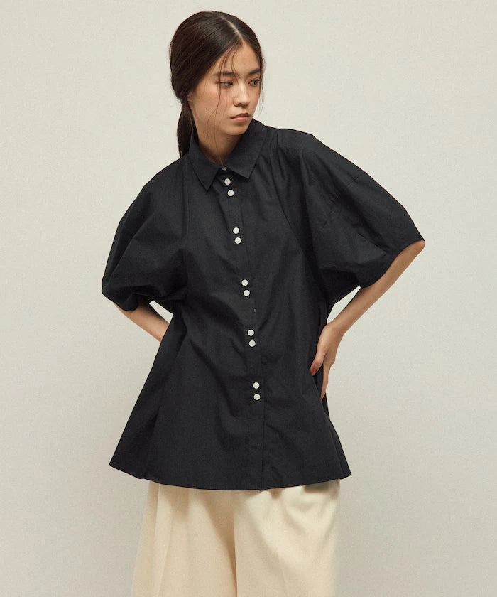 Switching Design Balloon Sleeve Shirt / 5-Minute Sleeve Blouse