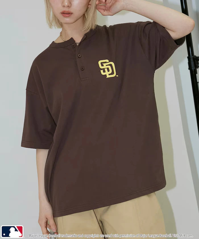 Limited Edition MLB Logo Print Henley Neck Oversized T-Shirt
