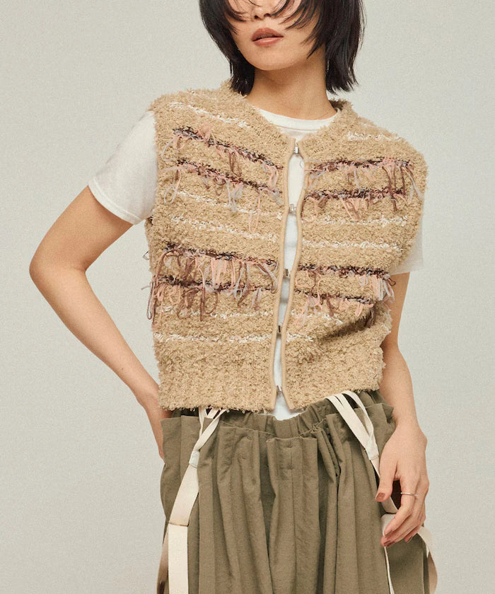 Mixed Material Fringe Knit Vest / Striped Knit Gilet