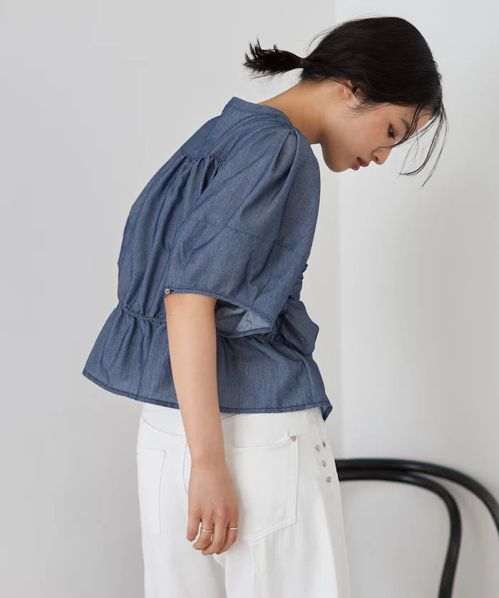 Sheer Shirring Volume Sleeve Blouse / 5 Short Sleeves