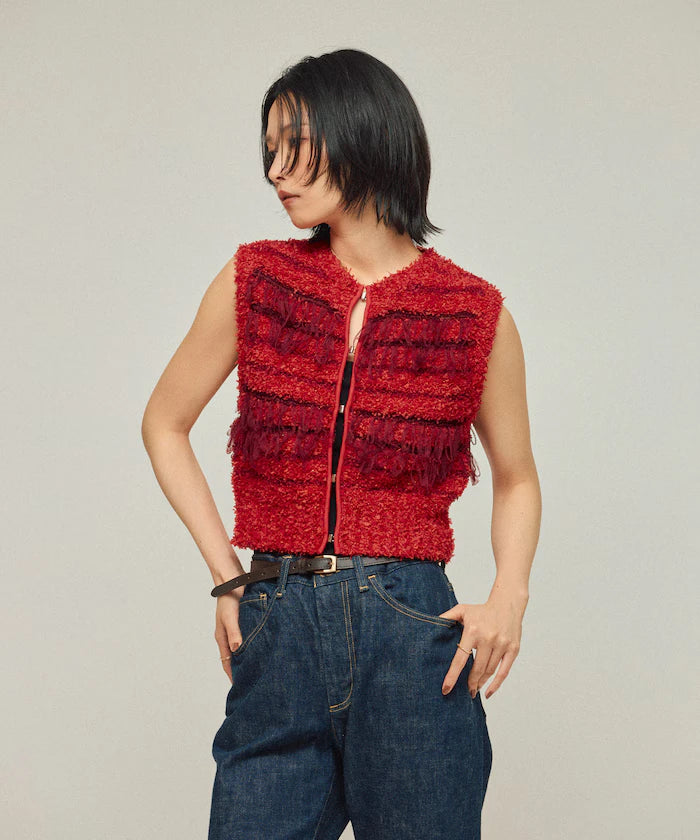 Mixed Material Fringe Knit Vest / Striped Knit Gilet