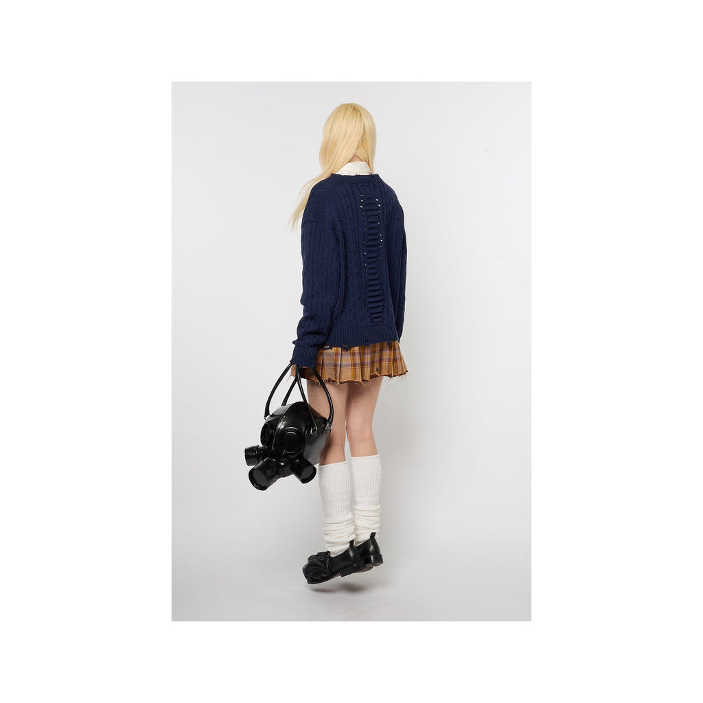 RIB CAGE CABLE KNIT PULLOVER：NAVY