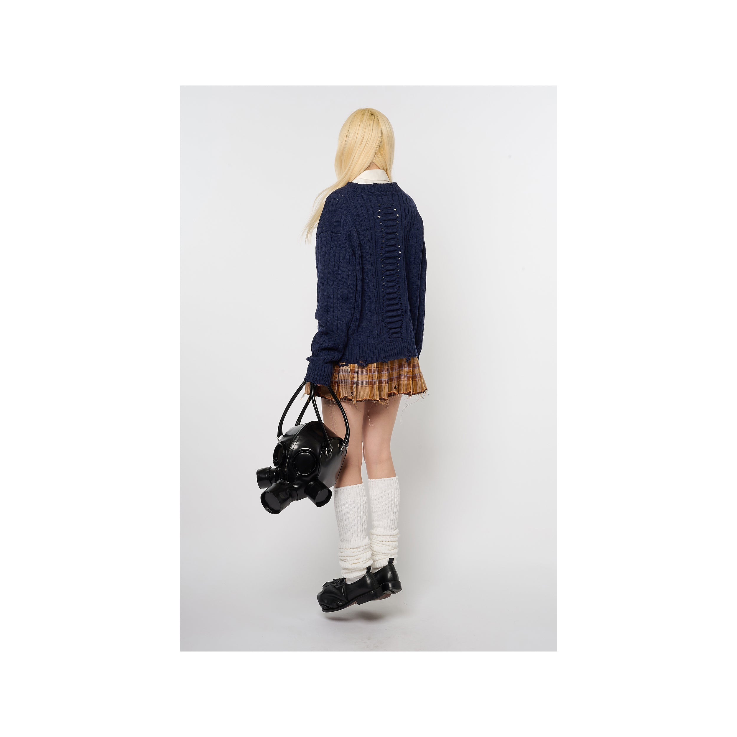 RIB CAGE CABLE KNIT PULLOVER：NAVY