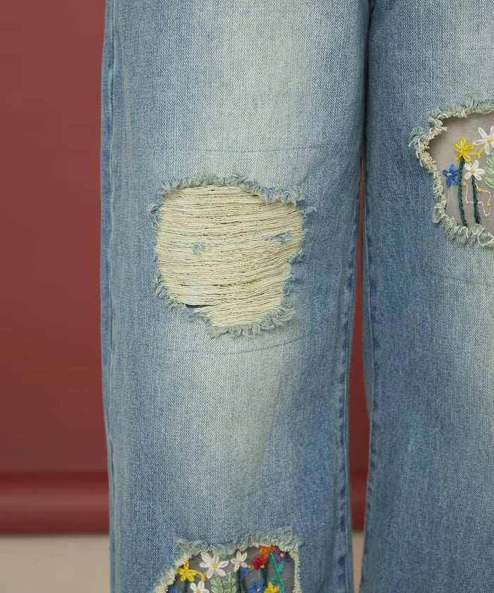 Flower Embroidery Wide Denim