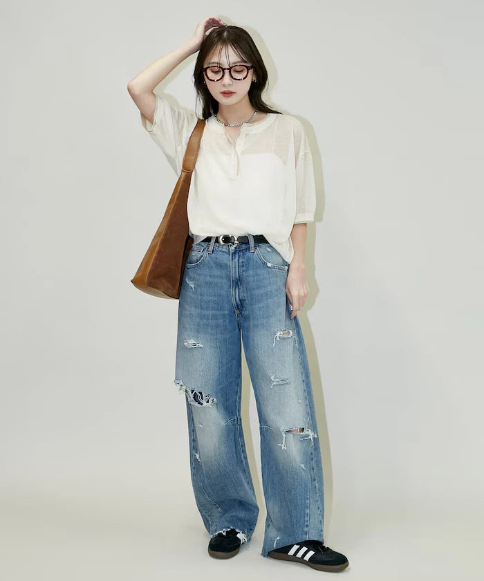 Washable linen color block henley neck knit top limited release