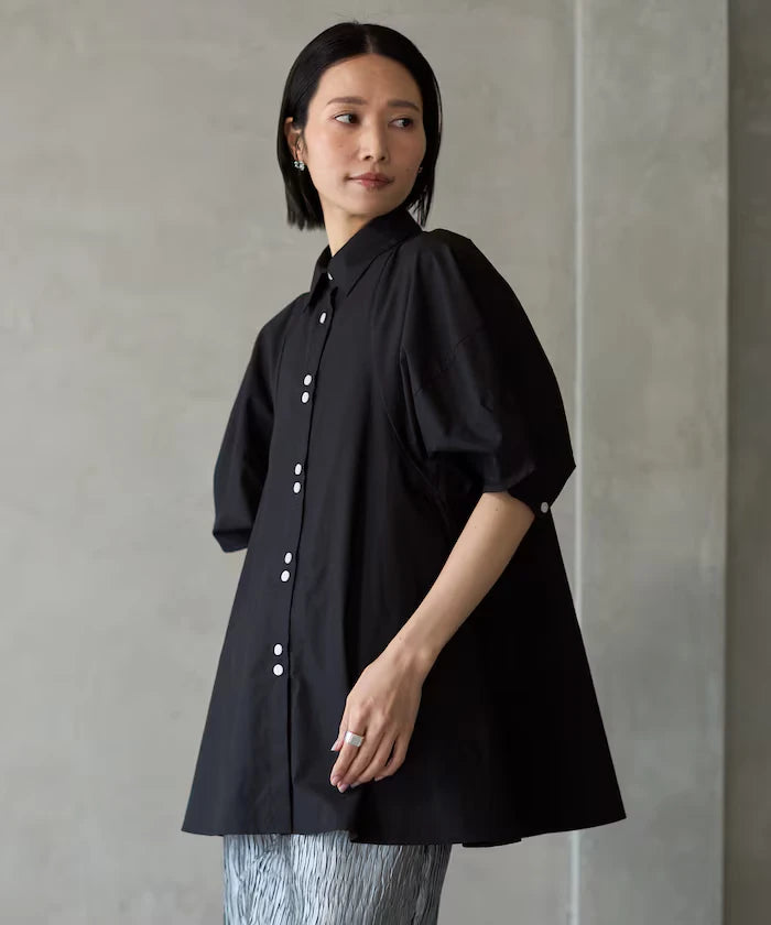 Switching Design Balloon Sleeve Shirt / 5-Minute Sleeve Blouse