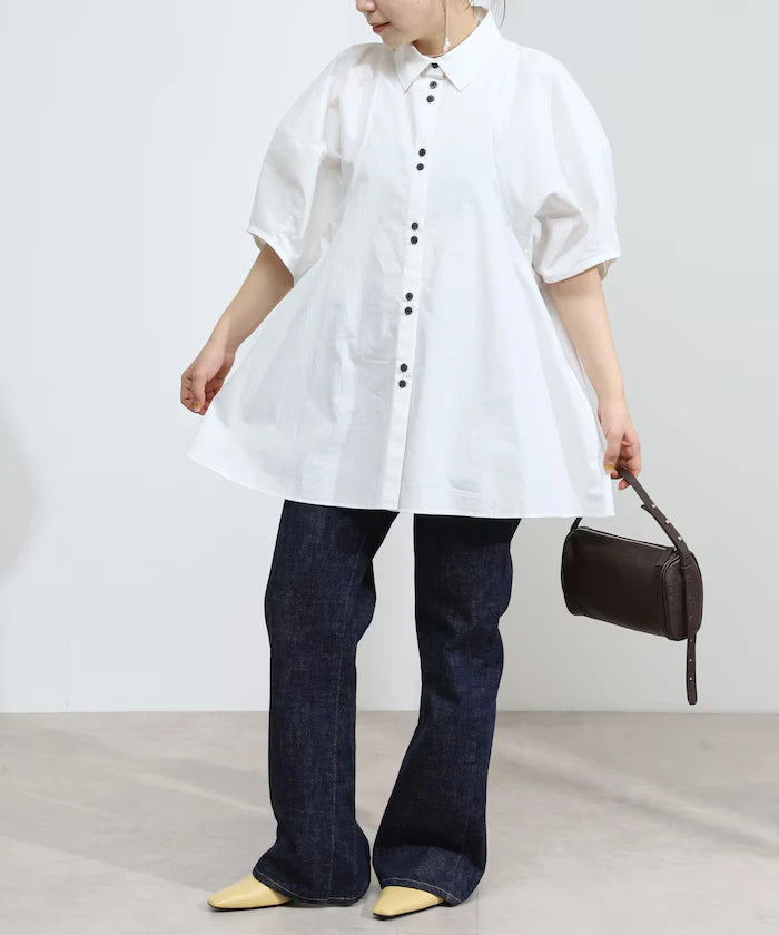 Color Added Balloon Sleeve Shirt / 5 Sleeve Blouse
