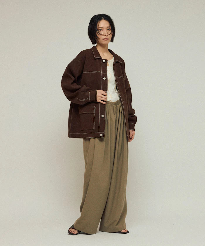 Oversized Wool Blend Knit Coverall / Color Stitch Knit Jacket