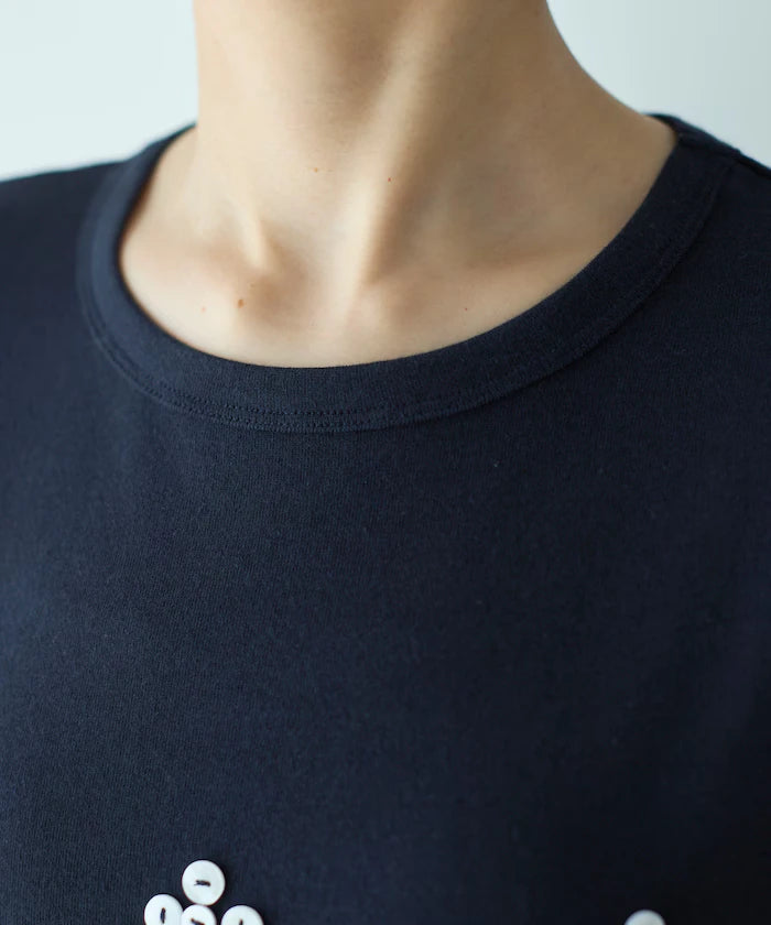 Shell Button Flower Motif Cotton Modal T-Shirt