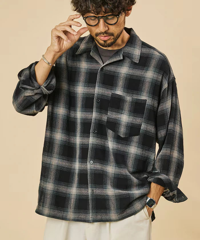Relaxed Fit Sheer Ombre Check Open Collar Shirt
