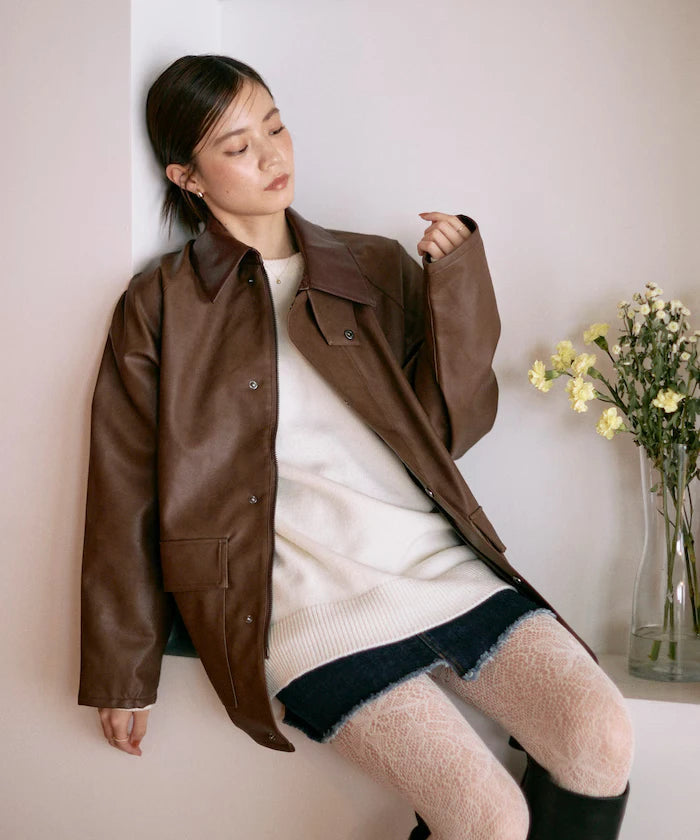 Oversized leatherette blouson / Mixed material switching