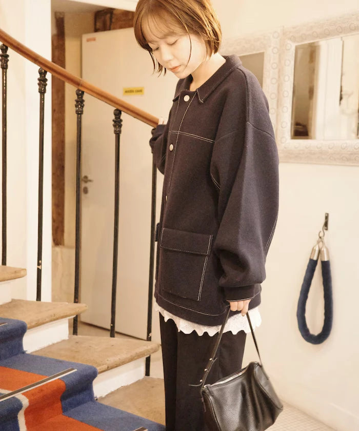 Oversized Wool Blend Knit Coverall / Color Stitch Knit Jacket