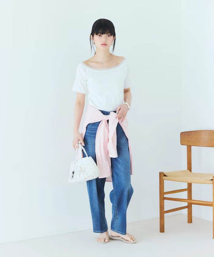 Boat Neck Pullover Knit Lace T-Shirt