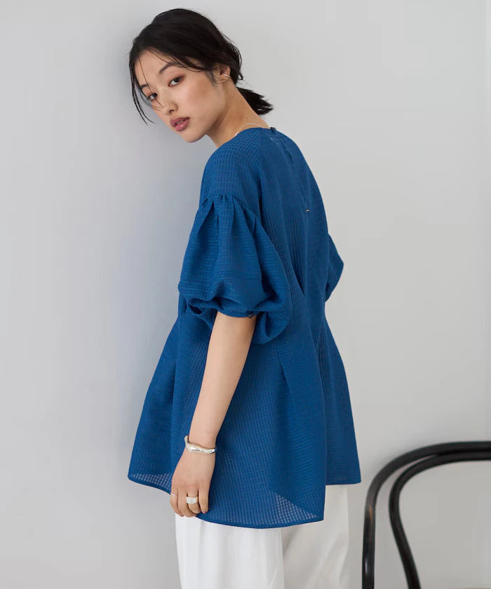 Sheer Check Balloon Sleeve Blouse