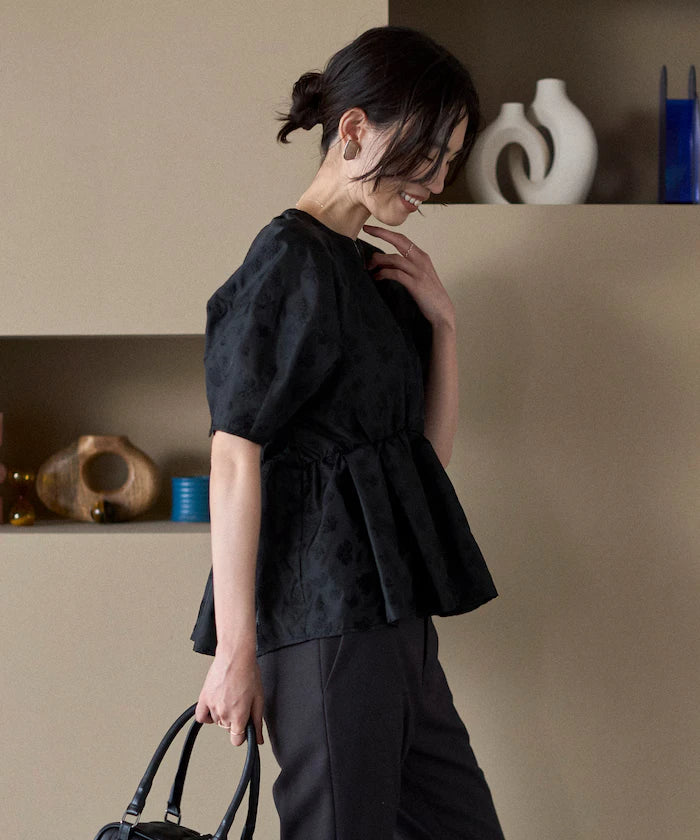 Flower Sheer Jacquard Volume Sleeve Peplum Blouse / 5 Minutes Sleeve