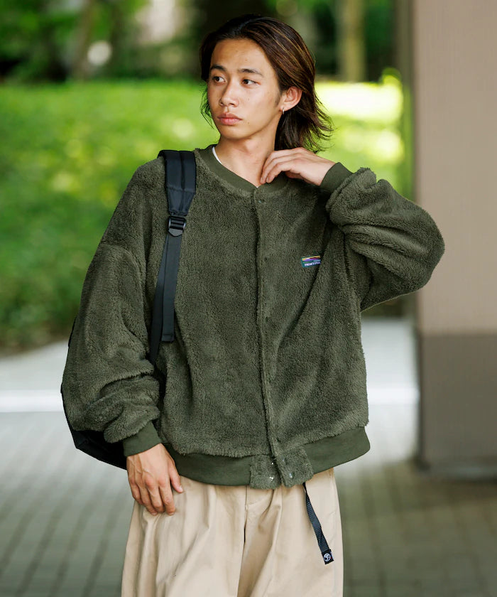 Relaxed Fit Shaggy Fleece Crew Neck Cardigan