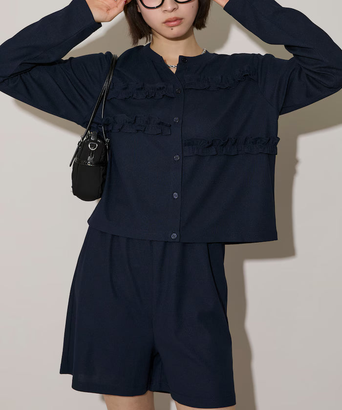 Frill Design Cardigan Short Pants Set Up Limited Release
