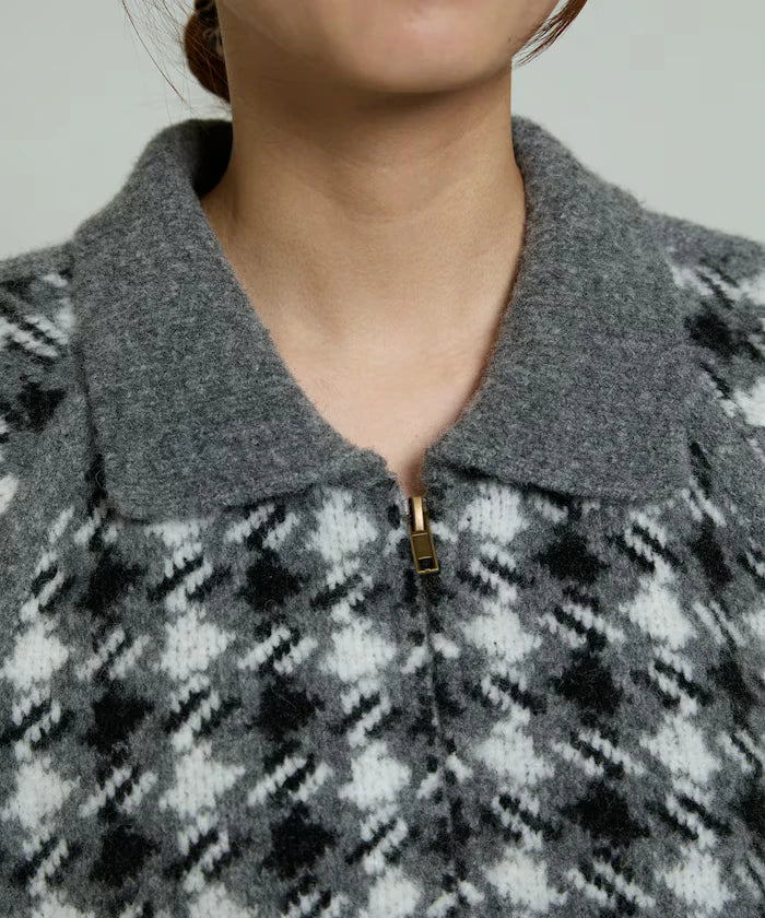 Wool Blend Gancube Check Knit Zip Blouson