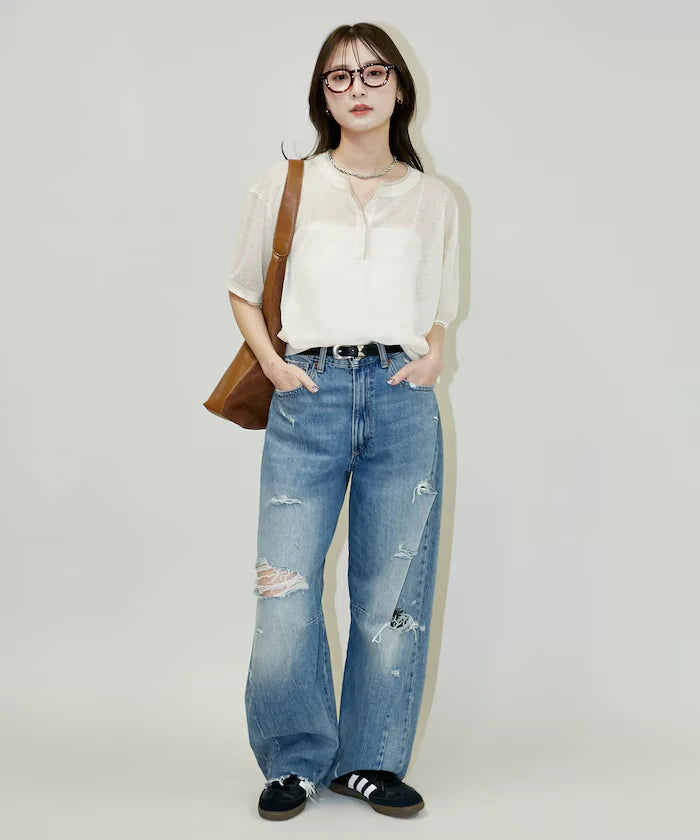 Washable linen color block henley neck knit top limited release