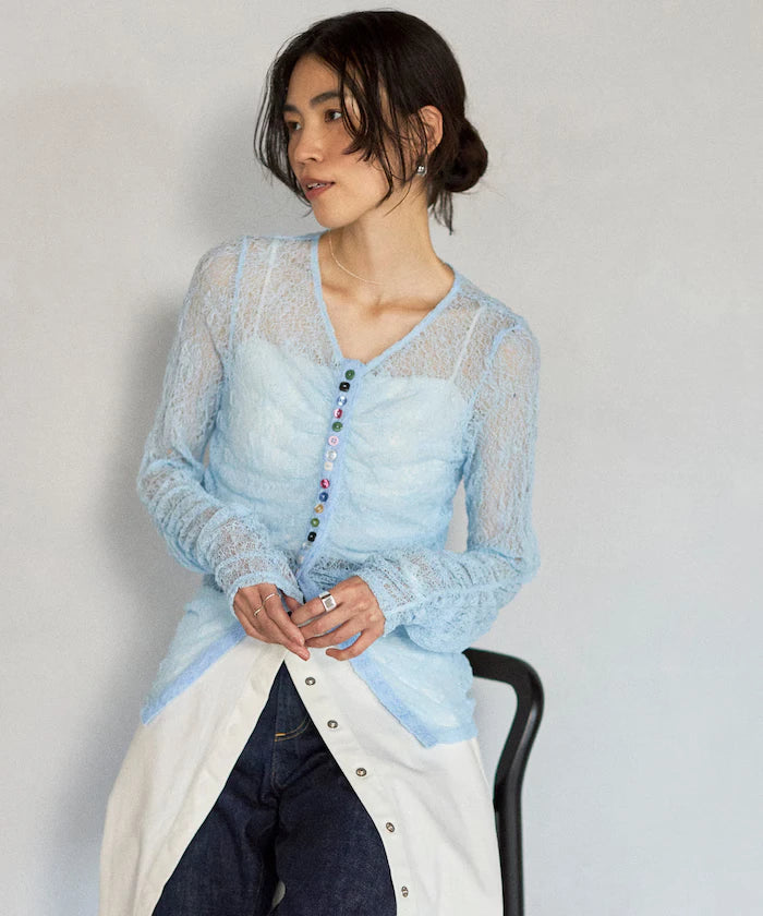Many Button Lace Shirring Cardigan