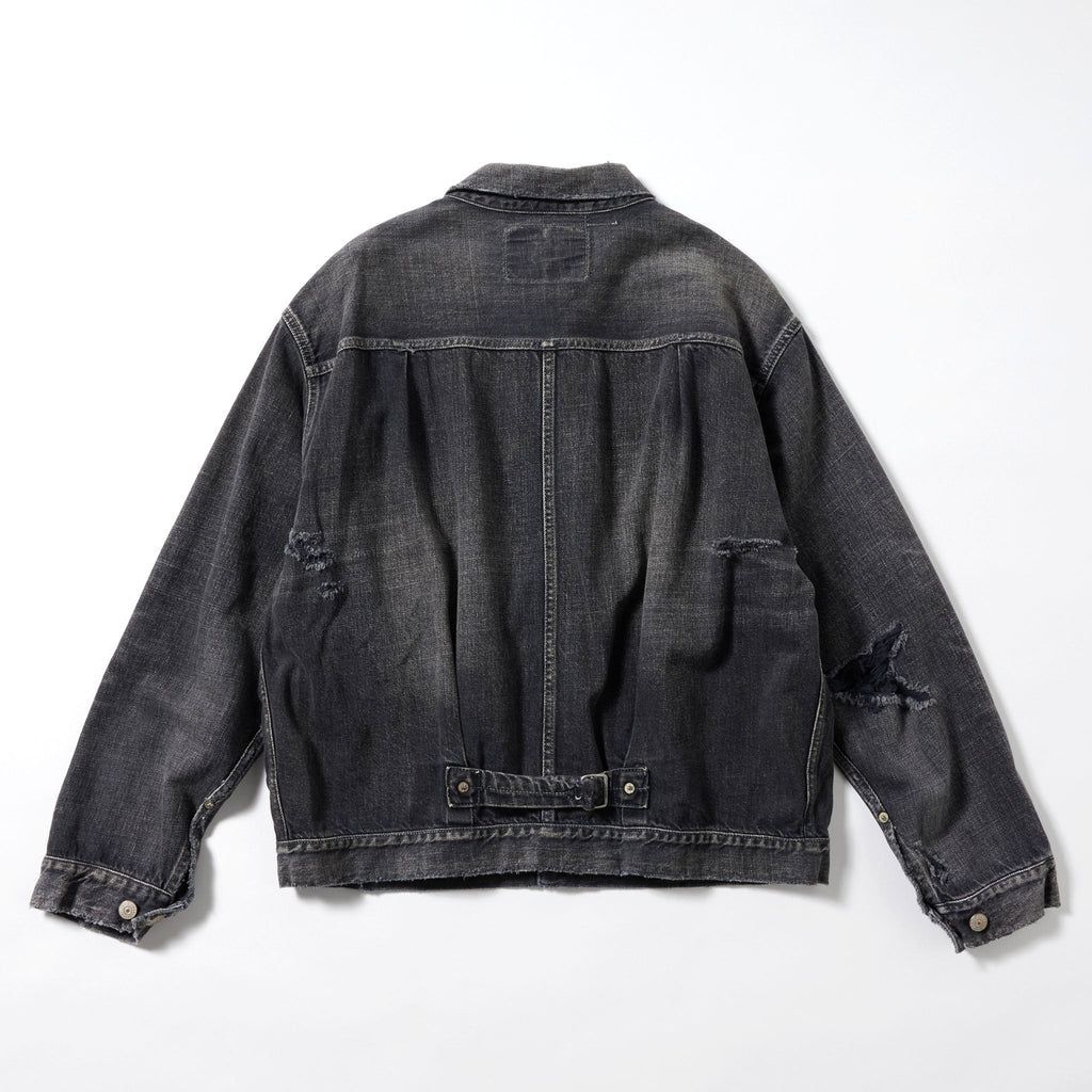 GL15558H / RECYCLED WASTE SUVIN COTTON YARN 11.5oz. DENIM PLEATED BLOUSE VINTAGE WASHED
