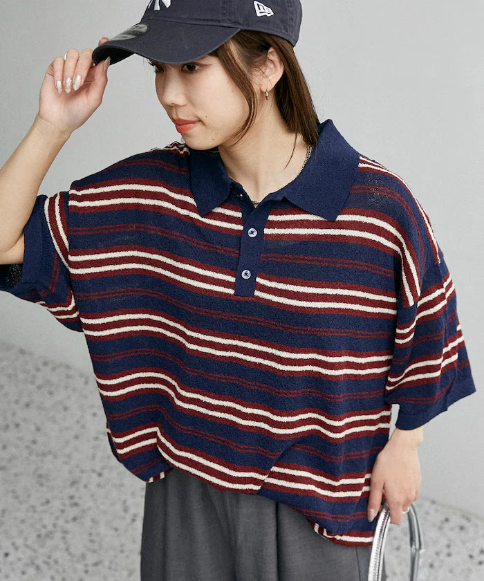 LOVE POP STUDIO Border Knit Polo Shirt Limited Edition