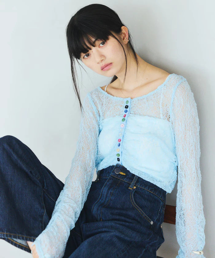 Many Button Lace Shirring Cardigan