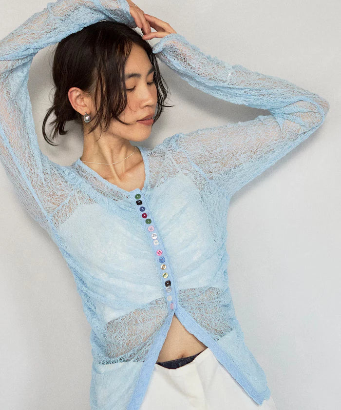 Many Button Lace Shirring Cardigan