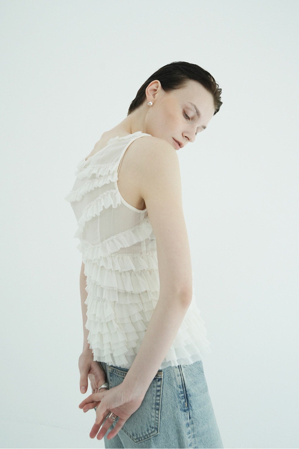 RANDOM FRILL SHEER N/S TOPS