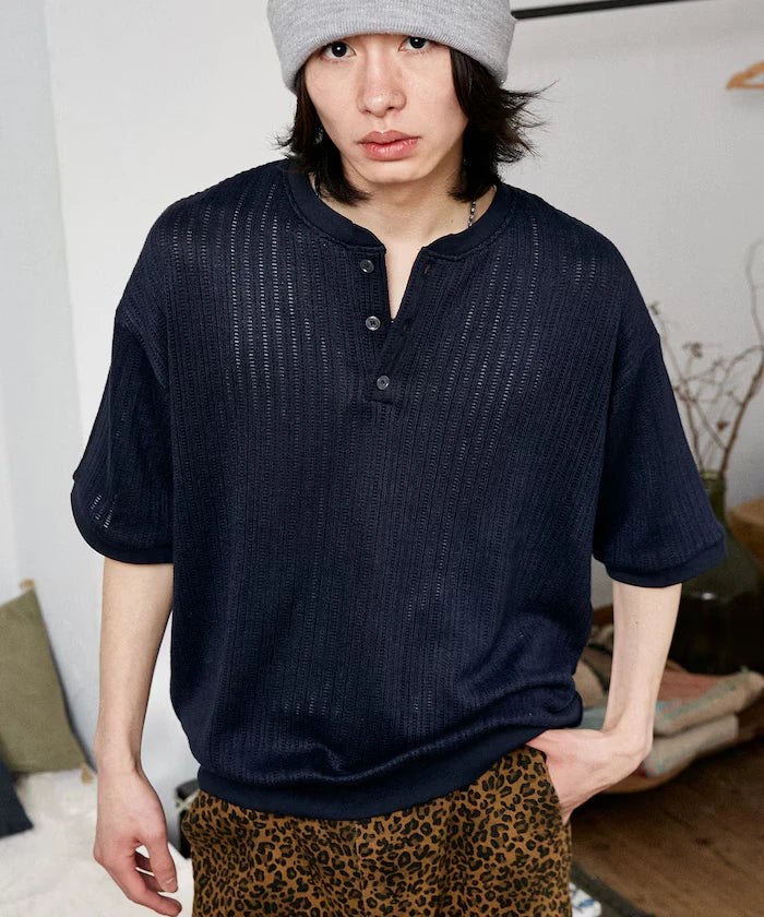 LOVE POP STUDIO Pattern Mesh Henley Neck T-Shirt Limited Release