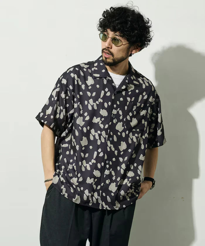 Mesh Open Collar Pattern Short Sleeve Shirt / Allover Design Open Collar Shirt / Big Silhouette